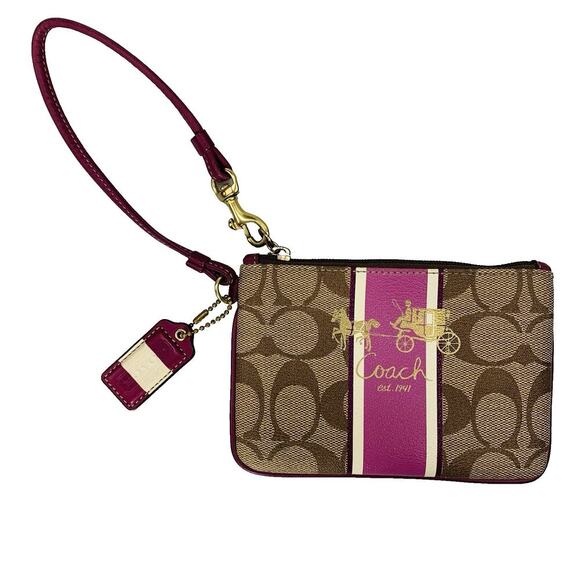COACH Corner Zip Wristlet Signature Canvas Gold Tan Purple Strape Hangtag EUC - Picture 1 of 8
